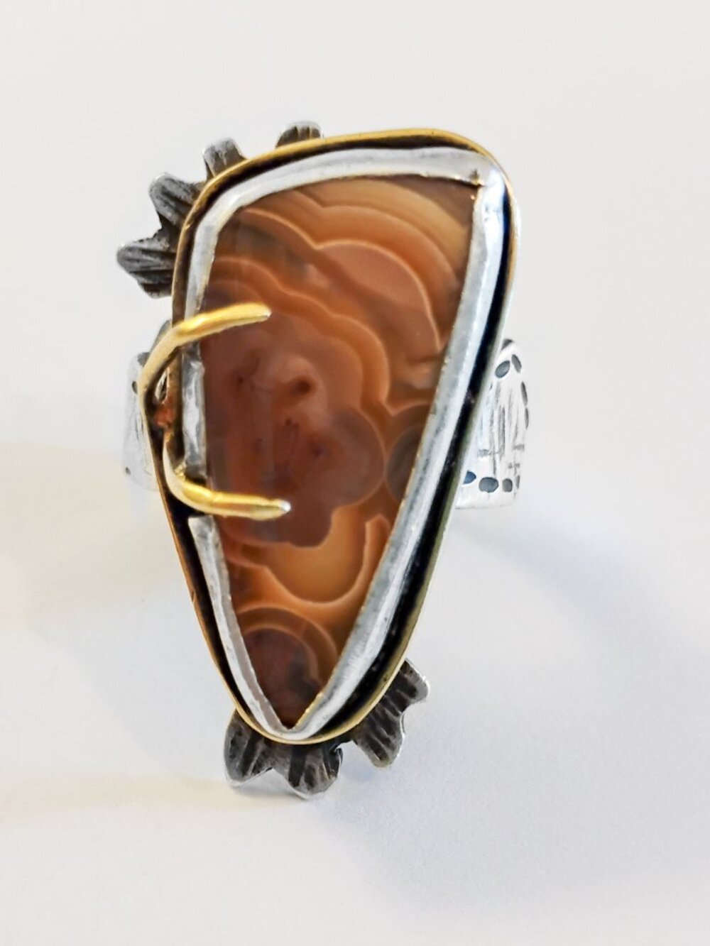 Sterling Silver and 14K Ring/Size 6.5-7 US/Brown Agate Stone